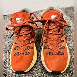 SOREL lace up hiking boots. Deep red/orange, size 8 women’s.